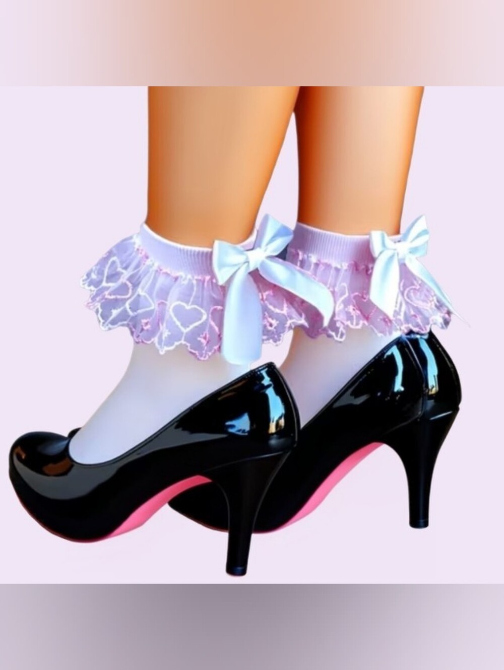 Sexy Lolita White Ankle High Stockings Pink Accents Bow & Lace Trim Kawaii